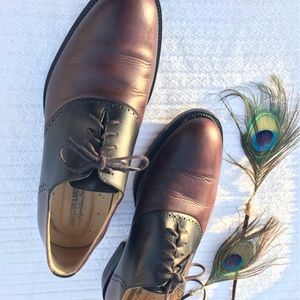 Johnston & Murphy black and brown color block italian leather oxford shoes 8.5